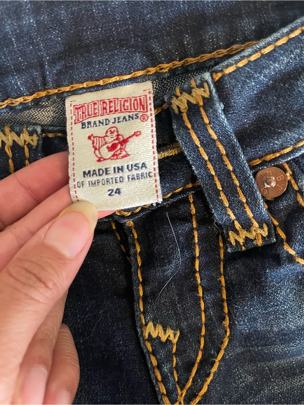True Religion Dark Indigo Jeans with Golden Contrast Stitching